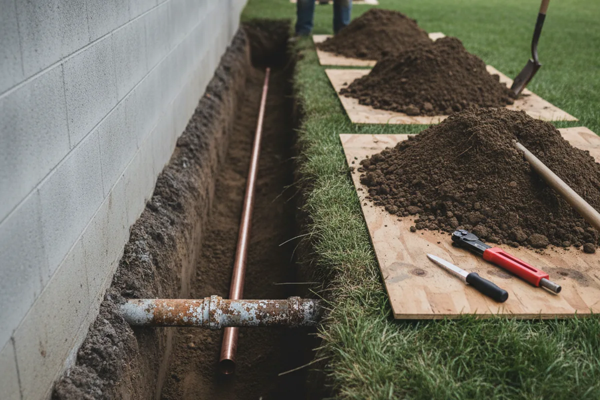 Excavated water line trench during Sewer Line Repair in Vashon